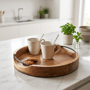 <b>Round</b> Mango Wood <b>Serving</b> <b>Tray</b> with Black Metal Handles – Wholesale Rustic Decorative Wood <b>Tray</b> for Coffee Table, Dining & Home - Product Image 1