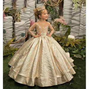 Vestido de niña de las flores dorado con mangas de ilusión, botones de lazo y falda esponjosa para cumpleaños, bodas, fiestas, damas de honor infantiles - Product Image 1