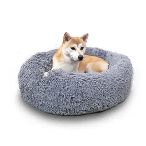Антитревожная длинная кровать для собаки из искусственного меха, очень мягкая ткань, удобная круглая кровать для собаки с пончиком, роскошная моющаяся подушка для питомца