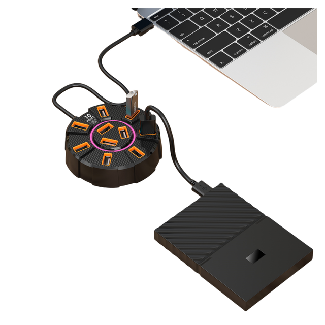 New 10-in-1 USB 2.0 Computer Charging Hub with Ambient Lighting and Multi-Port Data Transfer PC USB Interface in Stock