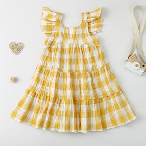 Vestido de Verano para Niñas, de Algodón Arrugado con Estampado a Cuadros, Mangas con Volantes, Vestidos de Verano para Bebés - Product Image 3