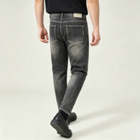 Jean gris délavé pour homme, pantalon en denim foncé, coupe slim, déchiré, fuselé, cinq poches, fabricant OEM personnalisé
