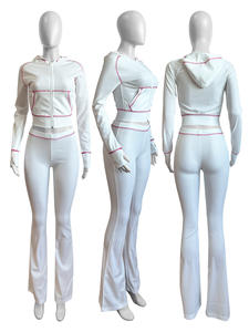 Custom Logo Dames Wafel Gebreide Tweedelige Outfit Set Met Lange Mouwen En Capuchon Met Rits En Wijde Pijpen Wijd Uitlopende Broek - Product Image 3