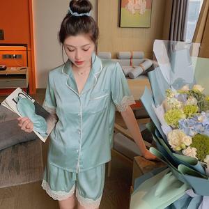 Pijamas de Verano 2023 para Mujer, de Manga Corta y Pantalones, Cuello en <span class=keywords><strong>V</strong></span>, de Seda Helada, de Alta Calidad, Suaves al Tacto, Venta Caliente de Fábrica - Product Image 1