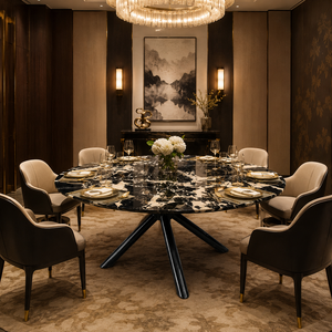 Customized Luxury Black Marble Quartzite Dining <b>Table</b> Round <b>Top</b> Modern Villa 6 Seater Metal Legs <b>Stone</b> Furniture - Product Image 4