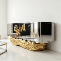 Meuble TV de luxe moderne avec poignée rotative, en acier inoxydable, grande capacité, base sculpturale dorée, pour salon et hôtel