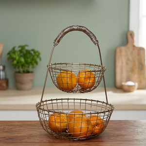 Panier de rangement métallique à double niveau, panier à fruits rustique en fil de fer pour cuisine, support rond en fer, support alimentaire durable - Product Image 3