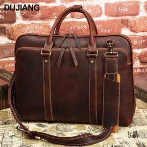 Dujiang Men's Genuine <b>Leather</b> <b>Briefcase</b> 15 Inch Business Travel With Shoulder Strap Durable Solid Color - Product Image 1