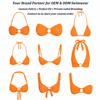 Ensemble de maillot de bain bikini halter non rembourré à double doublure avec garniture contrastante en tissu recyclé personnalisé, short de plage et haut transparent