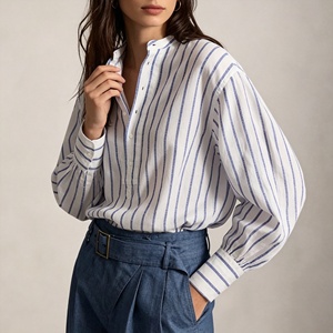 <span class=keywords><strong>Camicia</strong></span> in Lino Bianco Personalizzata <span class=keywords><strong>a</strong></span> Righe, Manica Lunga, Traspirante, Oversize, Essenziale per Donne, Chic e Pronta per il Lavoro - Product Image 1