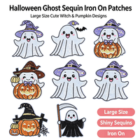 Grande écusson brodé à sequins, motif fantôme et citrouille d'Halloween, thermocollant, pour décoration de vêtements, en stock