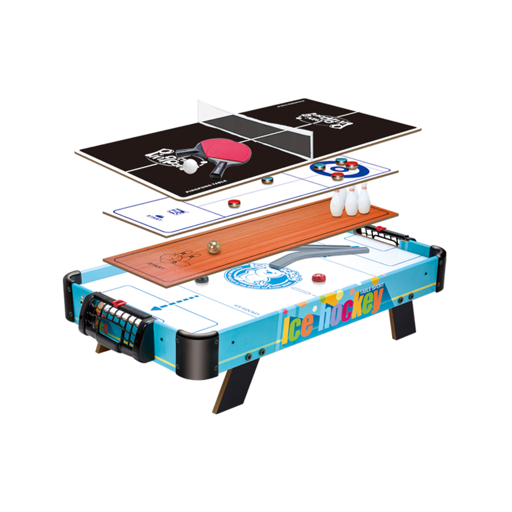 Jogo de hóquei de mesa para crianças e adultos, jogo divertido multi-madeira 4 em 1 para esportes, boliche, air hockey, popular tamanho