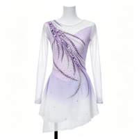 Robe de patinage artistique et de danse pour enfants et adultes, dégradé blanc lavande, manches longues en maille transparente, strass, coupe diagonale, pour compétition et spectacle
