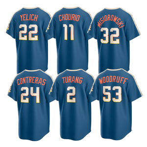 Maillot de football américain pour hommes 2026 Milwaukee City Connect Stadium Jersey Bleu Minéral # 22 Christian Yelich # 11 Chourio # Maillot de baseball Misiorowski 32 - Product Image 1