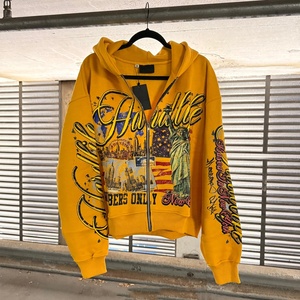 100% Cotton Lined Autumn Full Print Graphic French Terry Streetwear Acid Washed Oversize Baggy <strong>Zip</strong> <strong>Hooded</strong> Cropped Hoodie - Product Image 1