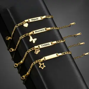 Aço inoxidável simples Figaro Cadeia Crianças Texto Gravado Marca Pulseira Crianças Borboleta Amor Pentagram Crown Charm Bracelet