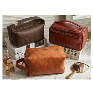 Bolsa de Cosméticos de Viaje Portátil Multifuncional de Gran Capacidad, Impermeable, con Cierre de Cremallera, de Cuero PU Vintage - Product Image 1