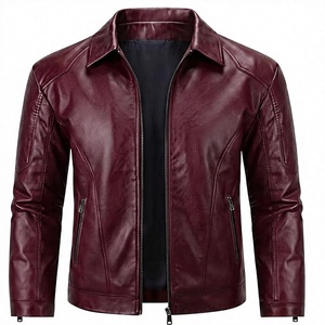 Men's <b>Slim</b> <b>Fit</b> PU Leather Moto <b>Jacket</b> Turn-down Collar Zipper Closure Solid Black Regular Length Autumn Wear - Product Image 1