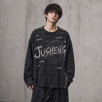 Ensemble de survêtement JUSHENG gris et noir délavé, imprimé graffiti, manches longues, deux pièces, streetwear unisexe