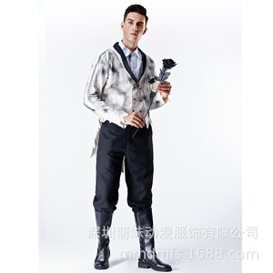 Costumes de couple de mariée fantôme pour adultes, tenues de cosplay d'Halloween, veste et pantalon pour homme, jupe et voile pour femme - Product Image 2
