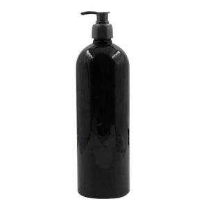 Bouteille en plastique PET noire brillante de forme ronde de Boston, 1 litre, 1l, <span class=keywords><strong>1000</strong></span> ml, avec pompe - Product Image 2