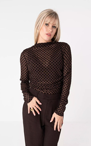 Camicetta in Velluto <span class=keywords><strong>Marrone</strong></span> con Pois e Rete Personalizzata OEM per <span class=keywords><strong>Donna</strong></span> |   Top Trasparente Seducente per una Serata Elegante o un Look Raffinato da Sera Camicia da <span class=keywords><strong>Donna</strong></span> - Product Image 3