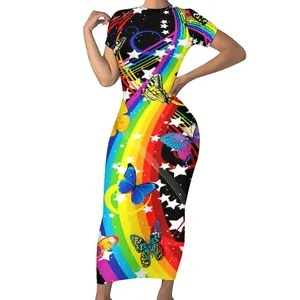 Coloré arc-en-ciel rétro Maxi robe pour dame fierté LGBT à manches courtes été moulante jupe lavable mode impression réunion naturelle - Product Image 1
