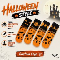 Chaussettes unisexes personnalisées orange et noires à motif zigzag d'Halloween, imprimé sorcière et fantôme, douces au toucher, pour fête costumée, vente en gros, cadeau