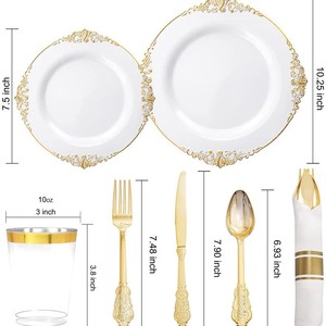 <span class=keywords><strong>Vajilla</strong></span> Desechable Personalizada de 7 Piezas, Irrompible, Libre de BPA, con Relieve Dorado, Decorativa para Bodas y Fiestas - Product Image 2