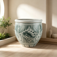 Grand vase de table en céramique et porcelaine, motif poisson et plantes aquatiques, vert vintage, peint à la main, écologique, fait main