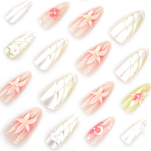 Ongles à presser personnalisables en gros, style français, forme amande moyenne, en ABS, avec motif <span class=keywords><strong>perle</strong></span>, fleur 3D, lune et dégradé de couleurs - Product Image 2