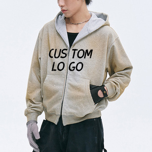 Sweat à capuche zippé noir délavé à pois effet peinture, avec logo personnalisé, poche kangourou oversize, style streetwear vintage pour homme, vente en gros - Product Image 5