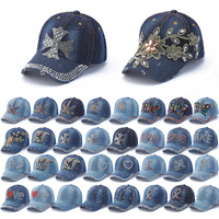 Gorra de Béisbol de Mezclilla con Bordado de Moda y Pedrería, Gorra Deportiva Lavada para Mujer, Protección Solar para Exteriores