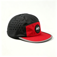 Casquette de camping 5 panneaux avec logo personnalisé en patch tissé, toile noire et rouge découpée au laser, pour activités de plein air, sport, voyage, adultes, unisexe, légère et à séchage rapide