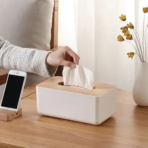 Rectangle Simple Wooden and Plastic Tissue Holder Box Acrylic Tissue Box With Bamboo Cover Lid