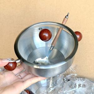 ชามสแตนเลสสองหูจับพร้อมช้อนสำหรับอาหารเด็ก ผลไม้ สลัด โยเกิร์ต นม ใช้ในบ้าน ทนทาน ไม่เคลือบผิว - Product Image 3