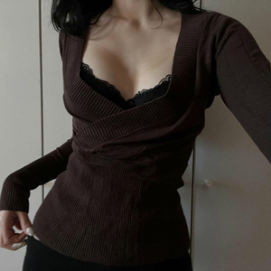 Crisscross V Neck <b>Brown</b> Knit <b>Top</b>, <b>Long</b> <b>Sleeve</b> Women's T Shirt, Slim Fit Casual <b>Top</b>, Y2K Retro Minimalist Fashion - Product Image 5