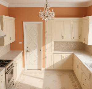 Dapur berbentuk U bergaya klasik: cabinetri berwarna krim, Backsplash hiasan, zona memasak terintegrasi, unit Oven bawaan - Product Image 4