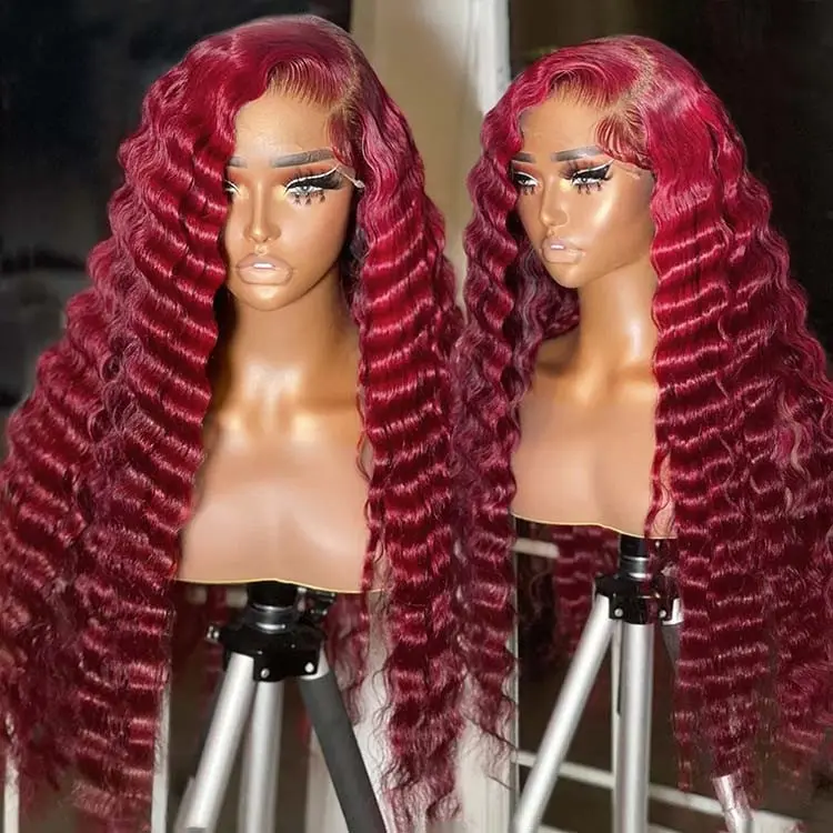 99J Burgundy Deep Wave Lace Front Human Hair Wigs 13x4 Transparent HD Lace Frontal Wig 180% Red Colored Curly Human Hair Wigs