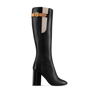 Retro High Chunky Heels Long Booties Metal Belt Buckles Side Zipper Patchwork Shoes Women Square Toe Knee High <b>Boots</b> - Product Image 5