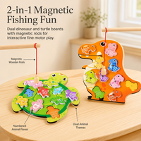 Papan Puzzle Permainan Memancing Magnetik Kayu dengan Katak Dinosaurus, Magnet Ikan, Set Mainan Edukasi Sensorik untuk Balita