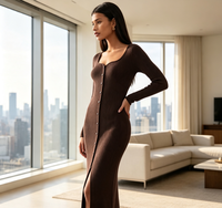 Robe midi en tricot à manches longues pour femme, robe longue moulante fendue avec col cœur et boutons sur le devant, robe de soirée élégante pour femme, tenue quotidienne
