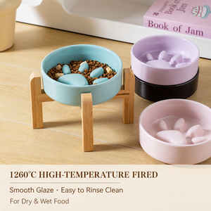Gamelle <span class=keywords><strong>anti</strong></span>-étouffement en céramique pour chats et petits chiens, avec support en bambou et motif patte de <span class=keywords><strong>chat</strong></span> - Product Image 3