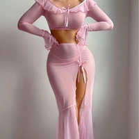 Ensemble jupe longue deux pièces en maille transparente rose sexy F1701 pour femme, tenue de plage d'été tendance à taille haute