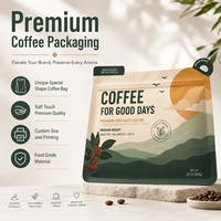 Sacs à café biodégradables imprimés en héliogravure personnalisés, valve de dégazage unidirectionnelle, fond carré, emballage alimentaire de qualité alimentaire, toucher doux mat