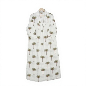 Robe midi à imprimé palmiers tropicaux, manches 3/4, col en V, coupe ample, 100% coton, tenue décontractée d'été, lavable, boutonnée avec poches - Product Image 1
