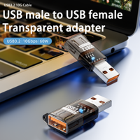 Adaptateur de conversion USB a mâle vers USB a femelle haute vitesse 60W 10 Gbps, connecteur USB3.2 à coque transparente pour ordinateur portable, téléphone
