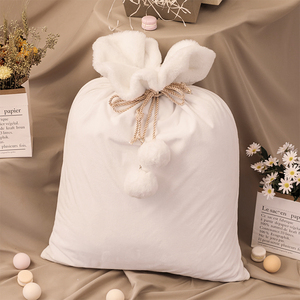 Grande Sacca Regalo in Velluto con Coulisse, Bordo in Finta Pelliccia Bianca, Chiusura con Pompon, Sacca di Babbo Natale con Cordino Intrecciato - Product Image 3
