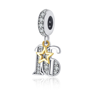 Colgante de Plata de Ley 925 con Estrella y Número Árabe 16 de la Suerte con Circonitas, Abalorio <span class=keywords><strong>para</strong></span> Pulsera o Collar DIY, Regalo de Aniversario o Cumpleaños - Product Image 1