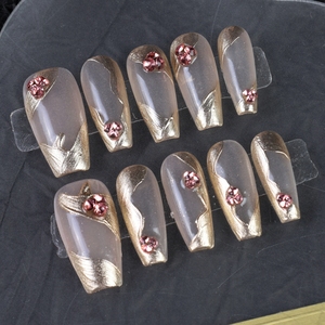 Wholesale Handmade Acrylic Full-Cover Coffin Shape False <b>Nails</b> Pre-Designed Pink/White Gradient <b>Rhinestone</b> Design Long Tips - Product Image 3